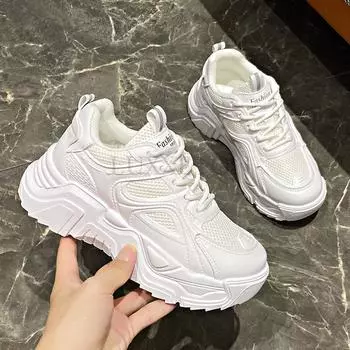 Matsuke Heel with Thick Sole and Mesh Surface for Breathability Height Increase Dad Shoes for Comfortable Women Sports Shoes 35 бежевый