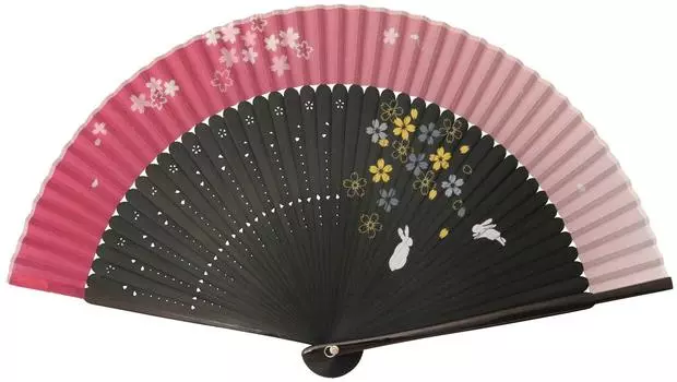 Matsumi Crafts Asahio Fan Rabbit and Cherry Blossom Pink Black 161302