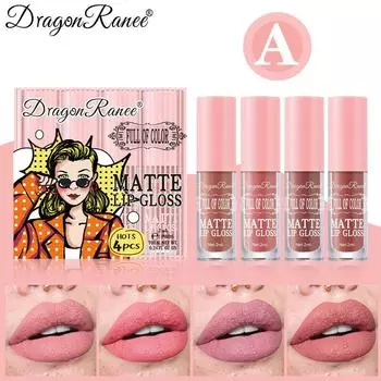Matte Lip Gloss Matte British Style Nude Waterproof Lip Gloss Cute Four-piece Box Makeup Lip Set A