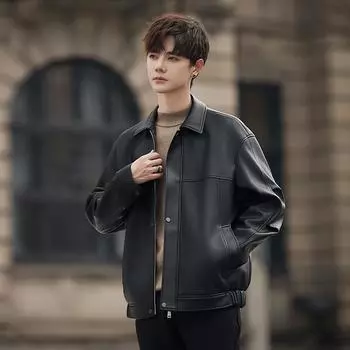 Куртка из искусственной кожи с матовой текстурой личи, мужская повседневная куртка на весну и осень, свободные лацканы, тренд локомотива M чёрный