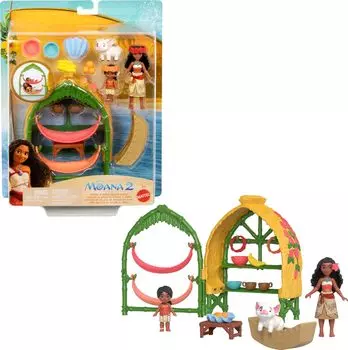 Mattel Disney Moana 2 Toy Moana Simea Village Home Playset с 2 маленькими бедняками и 15 аксессуарами и куклами, фигурками,