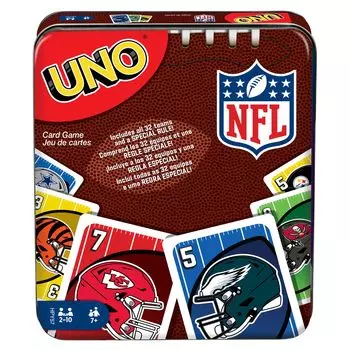 Mattel Games Карточная игра UNO NFL – Жестяная коробка для хранения и путешествий, Семейный вечер для детей и взрослых, Логотипы всех 32 команд НФЛ и специальные правила