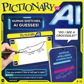 Mattel Games Pictionary AI Семейная игра для детей и взрослых Игровая ночь с искусственным интеллектом для HYB09 Vs. 2-4 игрока,