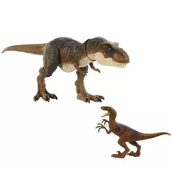 Mattel JURASSIC WORLD Повреждение Хикару Велоцираптор из 2 динозавров длиной 49 см и HNY82 T-Rex & [Набор фигурок] [Всего приблизительно. & 19см] [Динозавр коричневый