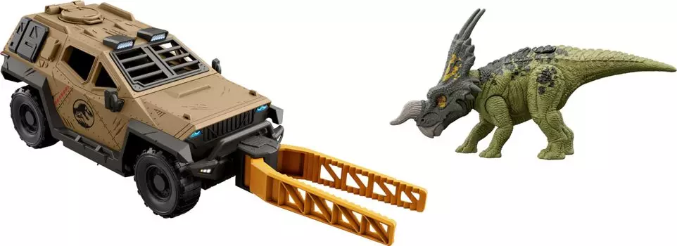 Mattel Jurassic World Truck & Einiosaurus Dinosaurus Action Figure Toy с функцией Flip Roll Mission Mayhem Destruction Vehicle