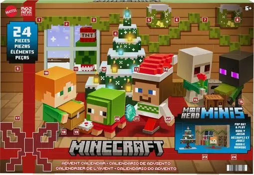 Mattel Мини-календарь Minecraft Mobhead с 24 сюрпризами-фигурками и аксессуарами со Стивом/праздничным подарком
