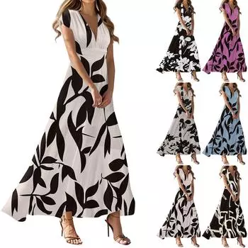 Макси-платье для женщин с высокой талией и глубоким V-образным вырезом. Платья с принтом. Летние платья в стиле ретро. XL бежевый