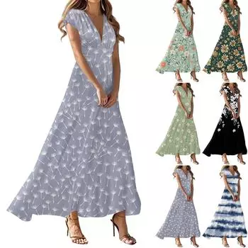 Макси-платье для женщин с высокой талией и глубоким V-образным вырезом. Платья с принтом. Летние платья в стиле ретро. L чёрный
