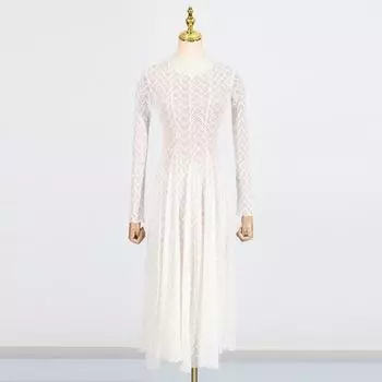 Макси-платье из сетки с вырезами, высокий воротник, облегающий крой, длинный рукав, халат, высокая талия, плиссированные вечерние платья, новая женская модная одежда S