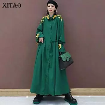 Макси платье-рубашка с цветочной вышивкой