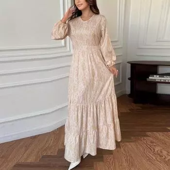 Макси-платье Женские платья с цветочным принтом V-образным вырезом Длинные мусульманские платья с длинными рукавами S жёлтый