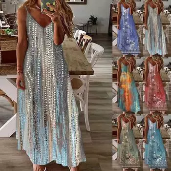 Макси-платья для женщин, летний сарафан без рукавов в стиле бохо, повседневные длинные платья с v-образным вырезом, гавайское пляжное платье для отпуска XXXL армия зеленый