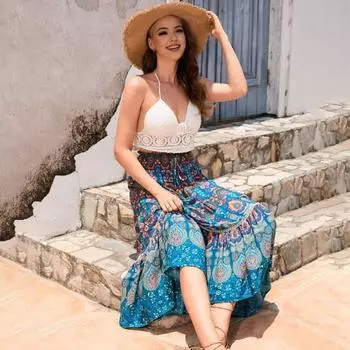 Макси-юбка с цветочным принтом в стиле бохо для женщин, эластичная юбка высокой трапециевидной формы с большим подолом для пляжной вечеринки S красный