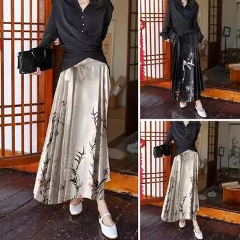 Макси-юбка Высокая талия Винтажная юбка с птицами Элегантная юбка с цветочным принтом Ханфу Плиссированная шнуровка абрикосовый