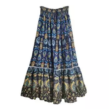 Макси-юбка в стиле бохо с цветочным принтом для женщин, эластичная юбка трапециевидной формы с высокой талией и большим подолом для пляжной вечеринки, праздника S темно-синий