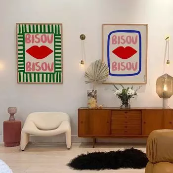 Максималистические эклектичные розовые французские цитаты Bisou Bisou Bonjour Bonne Nuit, настенная живопись на холсте, постеры для гостиной, домашний декор 21x30cm No Frame