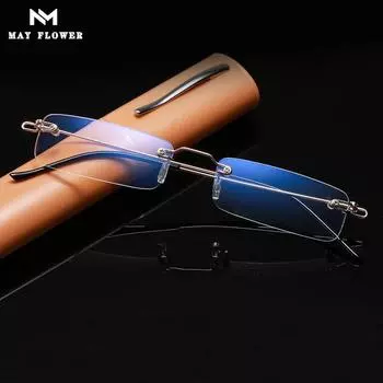 May Flower Anti-Blue Rimless Reading Glasses Square Metal Presbyopic Eyewear With Case Eyeglasses Men‘s Glasses For Sight Plus+4 +300 золотой
