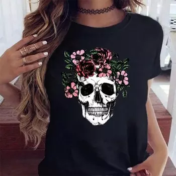 Maycaur Fashion Skull Flower Print Женская футболка Летняя повседневная женская футболка с коротким рукавом и круглым вырезом в стиле 90-х годов, женская футболка, топы S