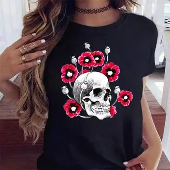 Maycaur Fashion Skull Flower Print Женская футболка Летняя повседневная женская футболка с коротким рукавом и круглым вырезом в стиле 90-х годов, женская футболка, топы S