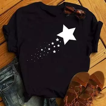 Maycaur Woman Star Moon Print Harajuku Летние футболки Повседневная футболка с круглым вырезом и коротким рукавом Женская черная футболка Прямая поставка S
