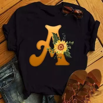 Maycaur Women s T Shirt Custom Name Letter Combination Print Tshirt Sunflower Letter Font A B C D E F G Short Sleeve Ladies Tops S