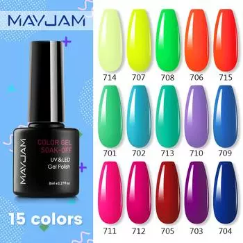 MAYJAM 8 мл неоновый гель лак для ногтей замочить от УФ светодиодный дизайн ногтей лак полуперманентный гель лаки цветной гель нарт искусство DIY подарки на день Святого Валентина