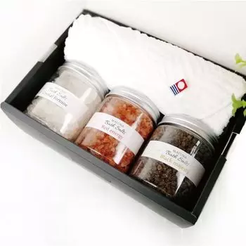 MAYUNA Подарочный набор соли для ванны с полотенцем Imabari 250 г 3 вида роскошной соли для ванны Подарочная соль для ванны Подарок на день рождения для женщин и мужчин Очищение от пота