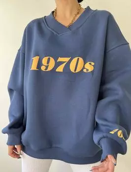 MCLLCTN Толстовка унисекс большого размера цвета индиго 1970-х годов