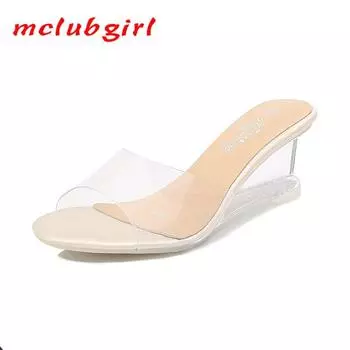 Mclubgirl/женские летние простые тапочки на наклонном каблуке с пряжкой 6 см, прозрачная обувь для вечеринок, золотые сандалии, тапочки на прозрачном каблуке LFD 40 золотой