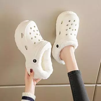 MCTIN Зимние женские хлопковые термотапочки с толстой подошвой и флисовой подкладкой, съемная и моющаяся верхняя одежда, закрытый носок, нескользящая хлопковая обувь с отверстиями 36-37 белый