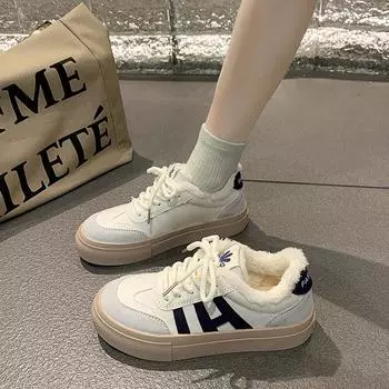 MCTIN зимние женские кроссовки теплые плюшевые вулканизированные хлопковые туфли на шнуровке женские плюс бархатные повседневные туфли 35 чёрный