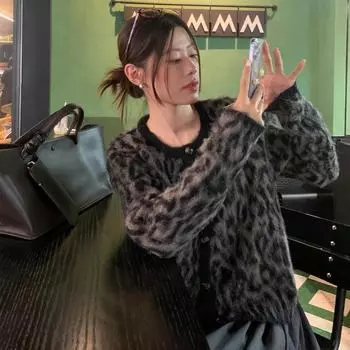 MD24 Леопардовый кардиган с круглым вырезом - повседневный стиль осень/зима M леопардовый