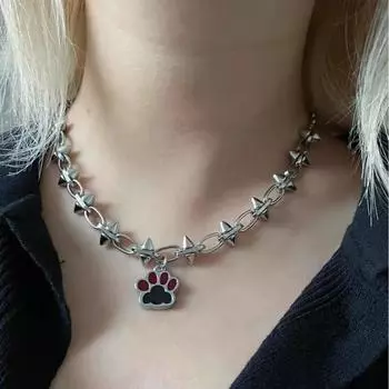 Meatball Cat Claw Rivet Necklace Dark Rock Punk Sweet Cool Red Black