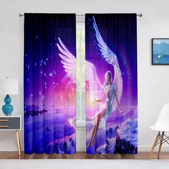 Мечтательные крылья ангела розовый фиолетовый прозрачная занавеска для гостиной спальни вуаль драпировка кухонное окно тюлевые шторы украшение дома 1 PCS W100XH250cm&Rod Pocket
