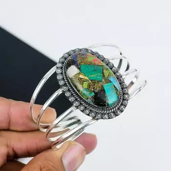 Медь Азурит Малахит Драгоценный камень Ручной работы 925 Стерлинговое серебро Манжета Браслет, Медь Азурит Малахит Браслет, Для жены, Унисекс Браслет, Подарки для жены 6 зелёный