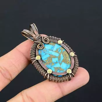 Медь, бирюзовый драгоценный камень, чистая медная проволока, обернутая подвеской ручной работы, ювелирные изделия 2.36 Inches синий