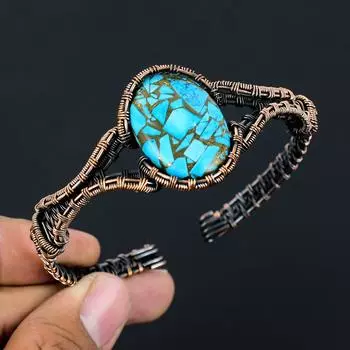 Медь, бирюзовый драгоценный камень, медная проволока ручной работы, ювелирные изделия, регулируемые манжеты для свадебного подарка Adjustable синий
