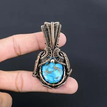 Медь, бирюзовый драгоценный камень, подвеска ручной работы из чистой медной проволоки, обернутая ювелирными изделиями 2.83 Inches синий