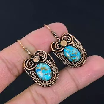 Медь, бирюзовый драгоценный камень, серьги ручной работы из чистой медной проволоки, обернутые ювелирными изделиями для любви 1.77 Inches синий