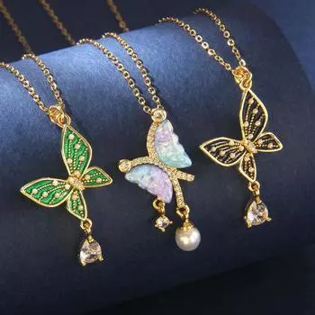 Медь, инкрустированная цирконом Су, капельное масло, жемчужная бабочка, цепочка на ключицу