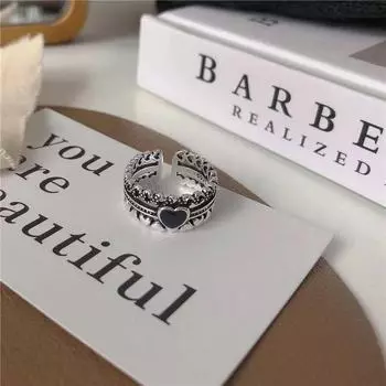 [Медь] Ретро черное сердце Открытое кольцо для женщин - Модный корейский стиль аксессуар для указательного пальца heart ring чёрный