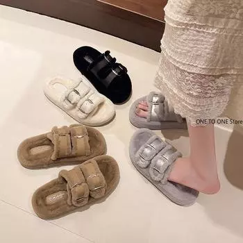 Med Shoes женские тапочки уличные шлепанцы Pantofle флок платформа меховые шлепанцы 2024 плоские плюшевые осенние ткани Рим обувь дом 35