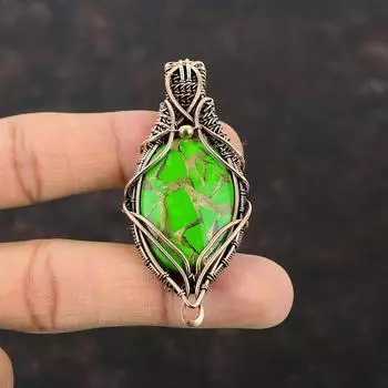 Медь, зеленый, бирюзовый кулон с драгоценным камнем, кулон из медной проволоки, кулон ручной работы, обернутый проволокой, ювелирные изделия, кулон с камнем, медные украшения для подарка