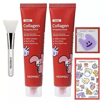 MEDI-PEEL Маска-обертывание Red Lacto Collagen 70 г x 2 шт. + Силиконовая кисть + Наклейка в виде одуванчика + Набор для случайной доставки Smart Talk, 1 набор
