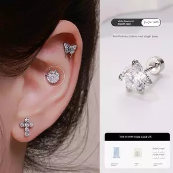 Medical Grade Titanium Steel Ear Studs Ear-Caring Dragon Claw Flash Zircon Ear Bone Pin Male Thread Ear Bone Stud Sleep No Need to Take off Female [Single white drill] 0.8 thick rod 6mm long