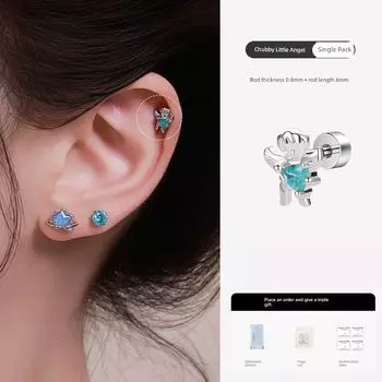 Medical Titanium Steel Angel Stud Earrings Ear-Caring Removal-Free before Sleep Anti-Allergy Female Niche Design Ear Bone Stud [Single Pack] Chubi Angel 0.8 Thick Rod 6mm Long