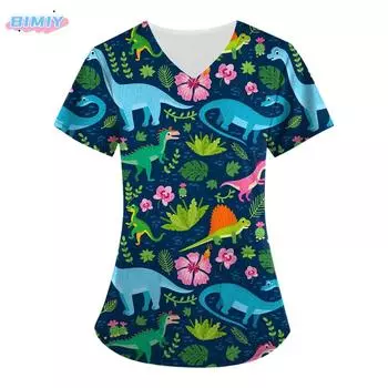 Медицинская блузка, рабочая одежда для клиники, больницы, медицинская форма с принтом кошки, униформа для сиделки, рабочие топы с коротким рукавом, женская футболка для ухода за больными S