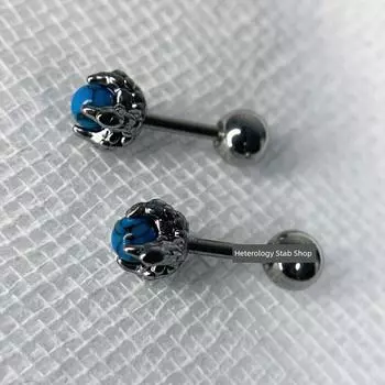 Медицинская гипоаллергенная титановая сталь, не тускнеющие серьги-гвоздики с кристаллами «кошачий глаз» и когтями дракона, нишевые серьги, пирсинг-украшения для козелка уха Blue turquoise stone pair [8mm pole length]]