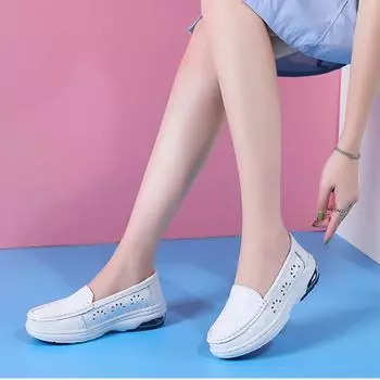 Медицинская обувь из натуральной кожи на воздушной подушке для женщин, мягкая подошва, дышащая, с отверстиями, удобная и маленькая белая обувь для женщин 34 белый
