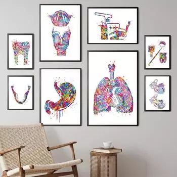 Медицинские анатомические плакаты и принты, желудок, легкие, сердце, зуб, цветочный настенный художественный холст, картина, настенные панно для декора гостиной A4 21X30cm No Framed